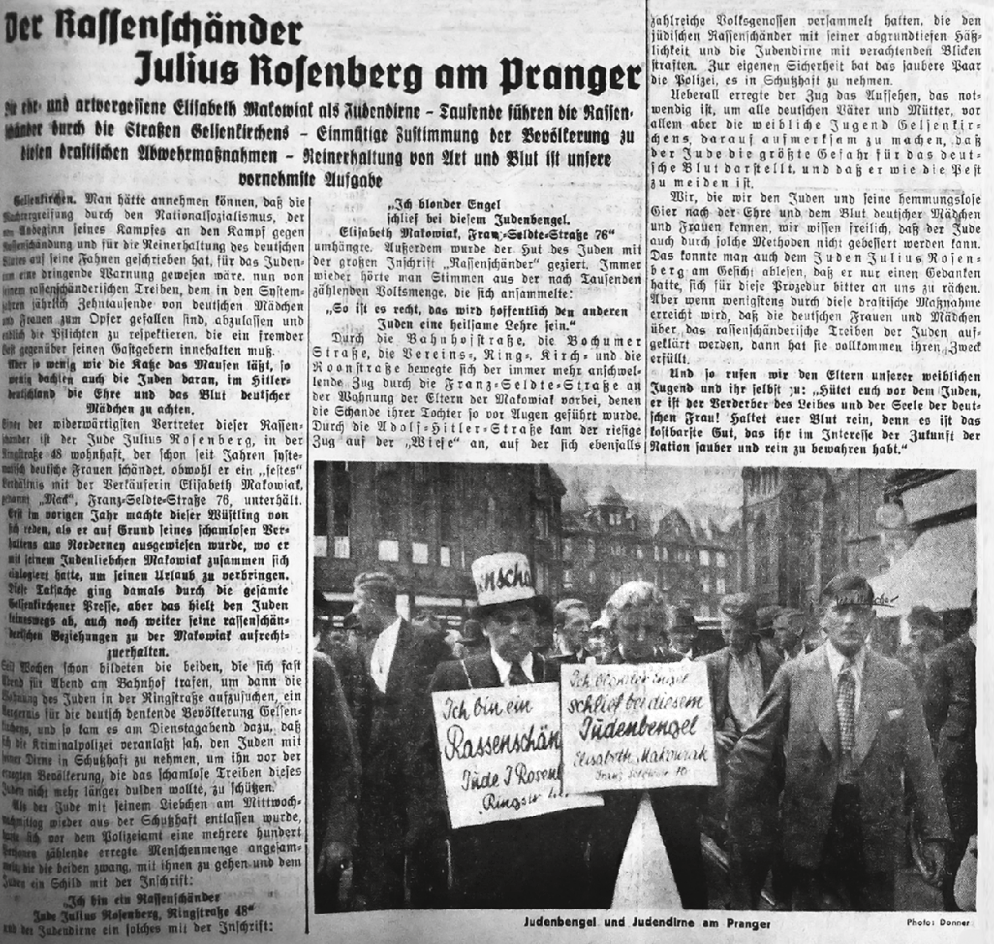 Seite der Gelsenkirchener Nationalzeitung: Der Rassenschänder Julius Rosenberg am Pranger