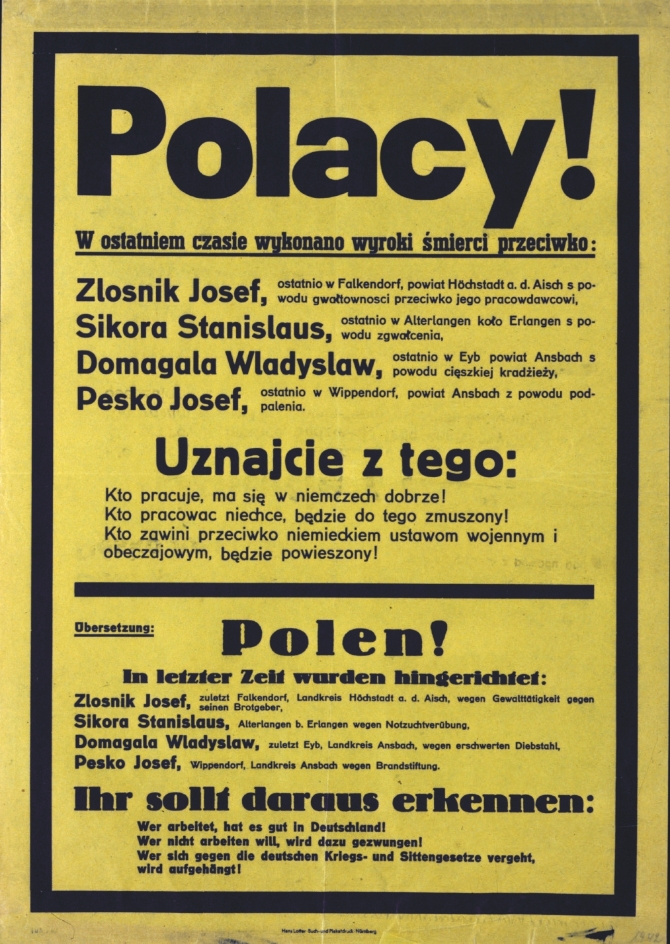 gelbes Plakat: Bekanntmachung der Hinrichtungen polnischer Zwangsarbeiter