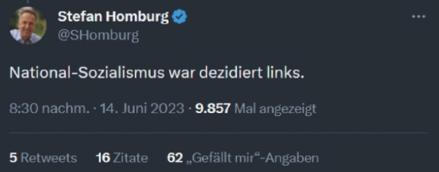 Tweet von Stefan Homburg: National-Sozialismus war dezidiert links.