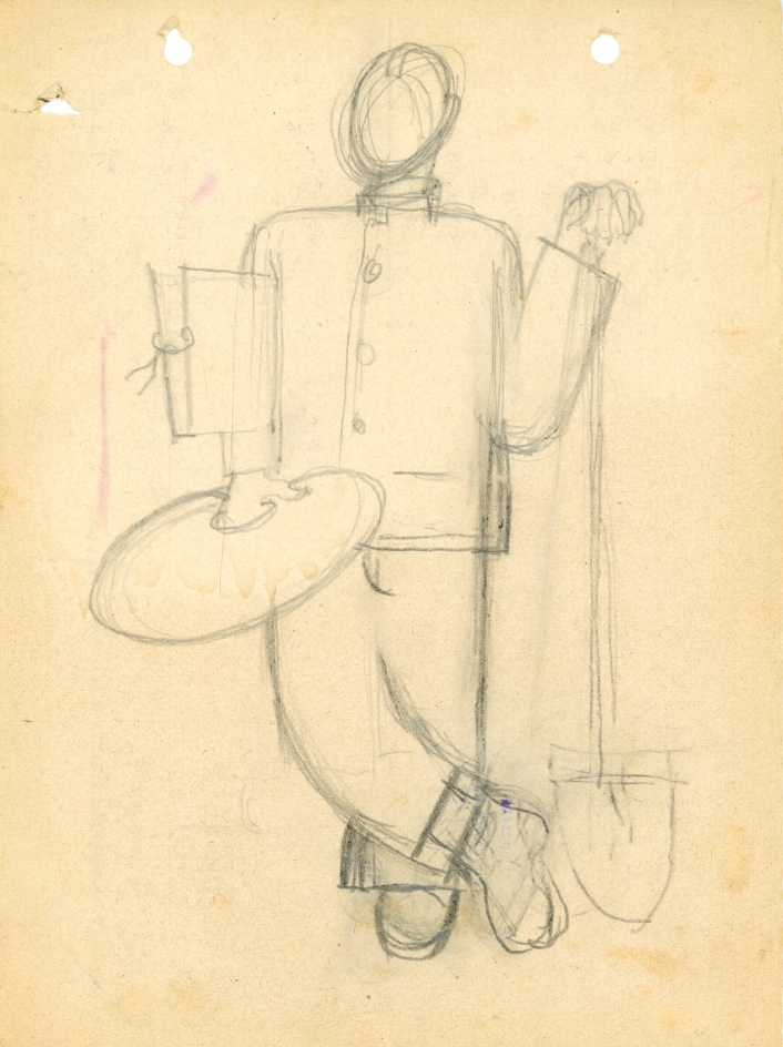 Skizze von einem gesichtslosen Mann mit Schaufel und Malerplatte von Paul Goyard