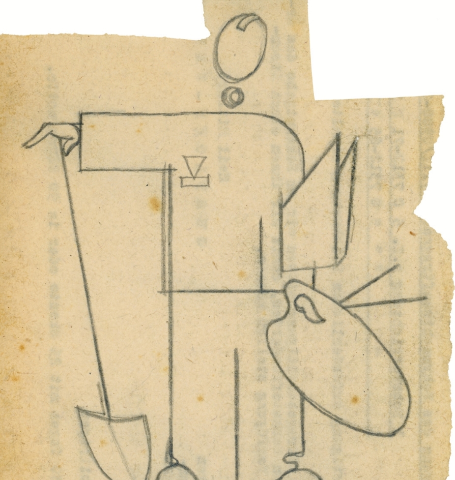 Skizze eines gesichtslosen Mannes mit Schaufel und Malerpalette von Paul Goyard, figurierter.