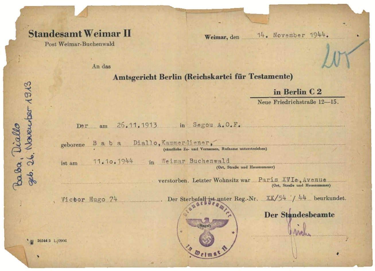 Das „Standesamt Weimar II. Post Weimar-Buchenwald“ einen Monat nach Baba Diallos Tod