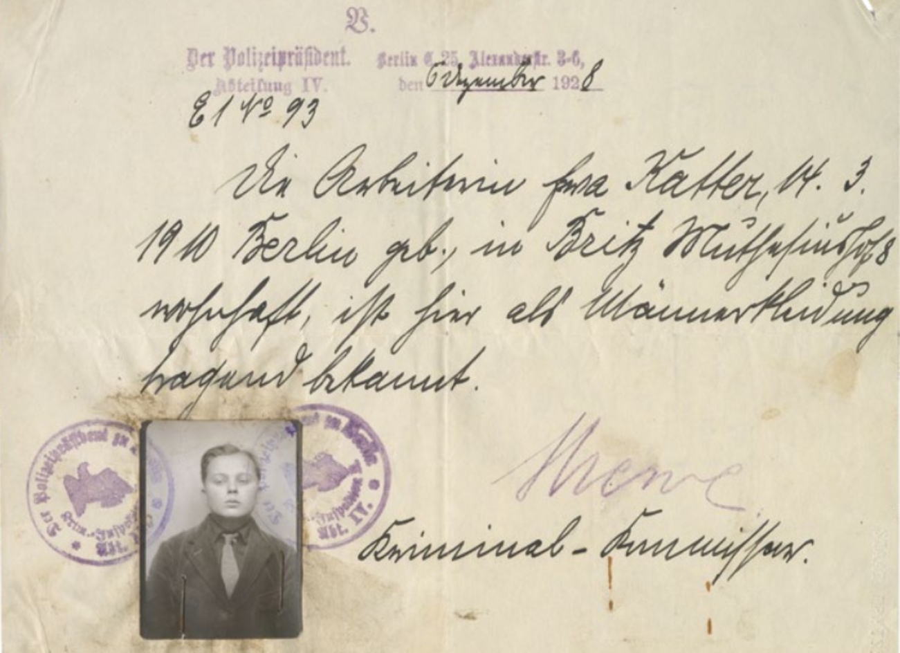 Bescheinigung der Berliner Kriminalpolizei für Eva Katter, Berlin, 1928