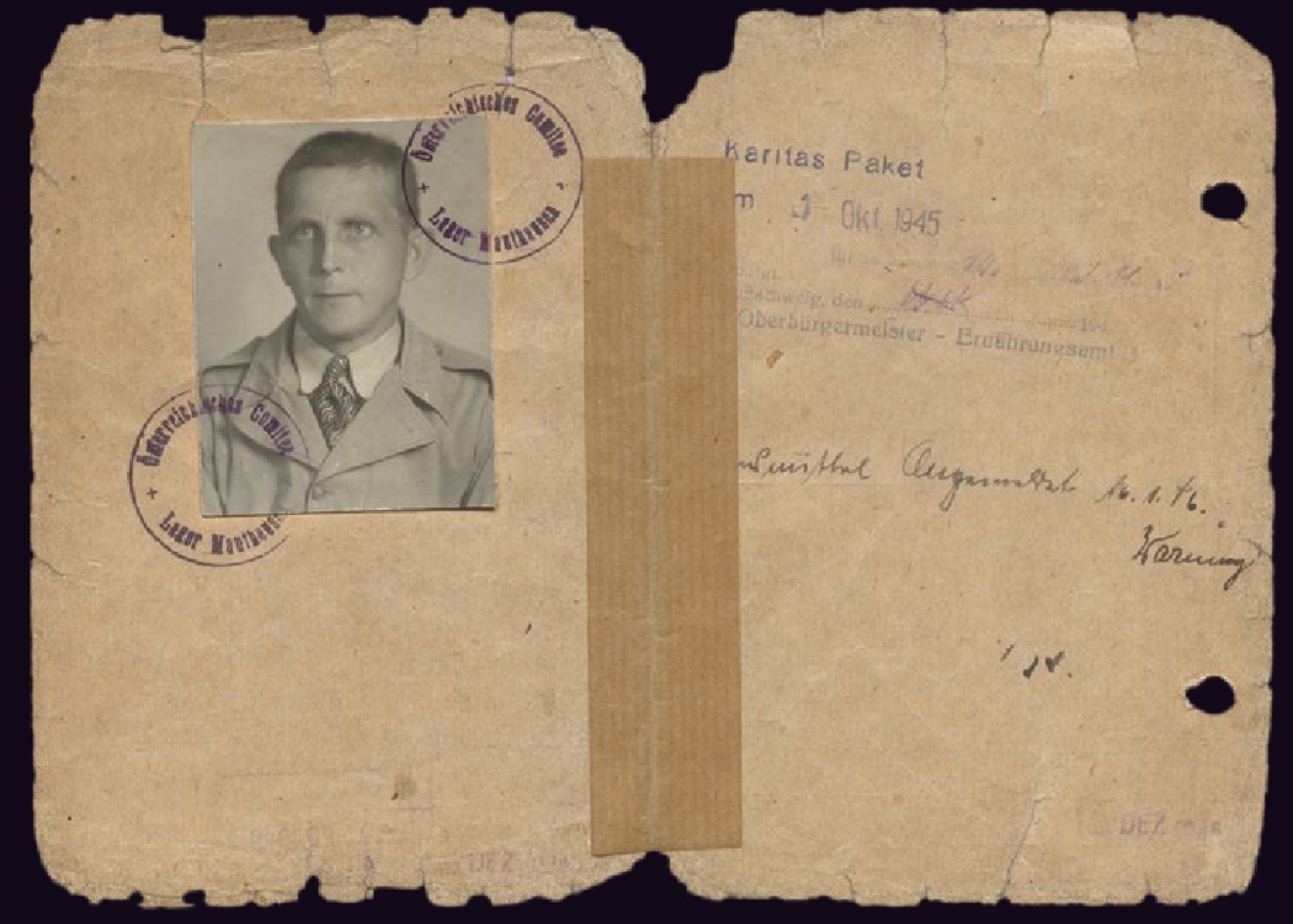 Entlassungsausweis aus dem befreiten KZ Mauthausen für Ernst Papies, 10. August 1945
