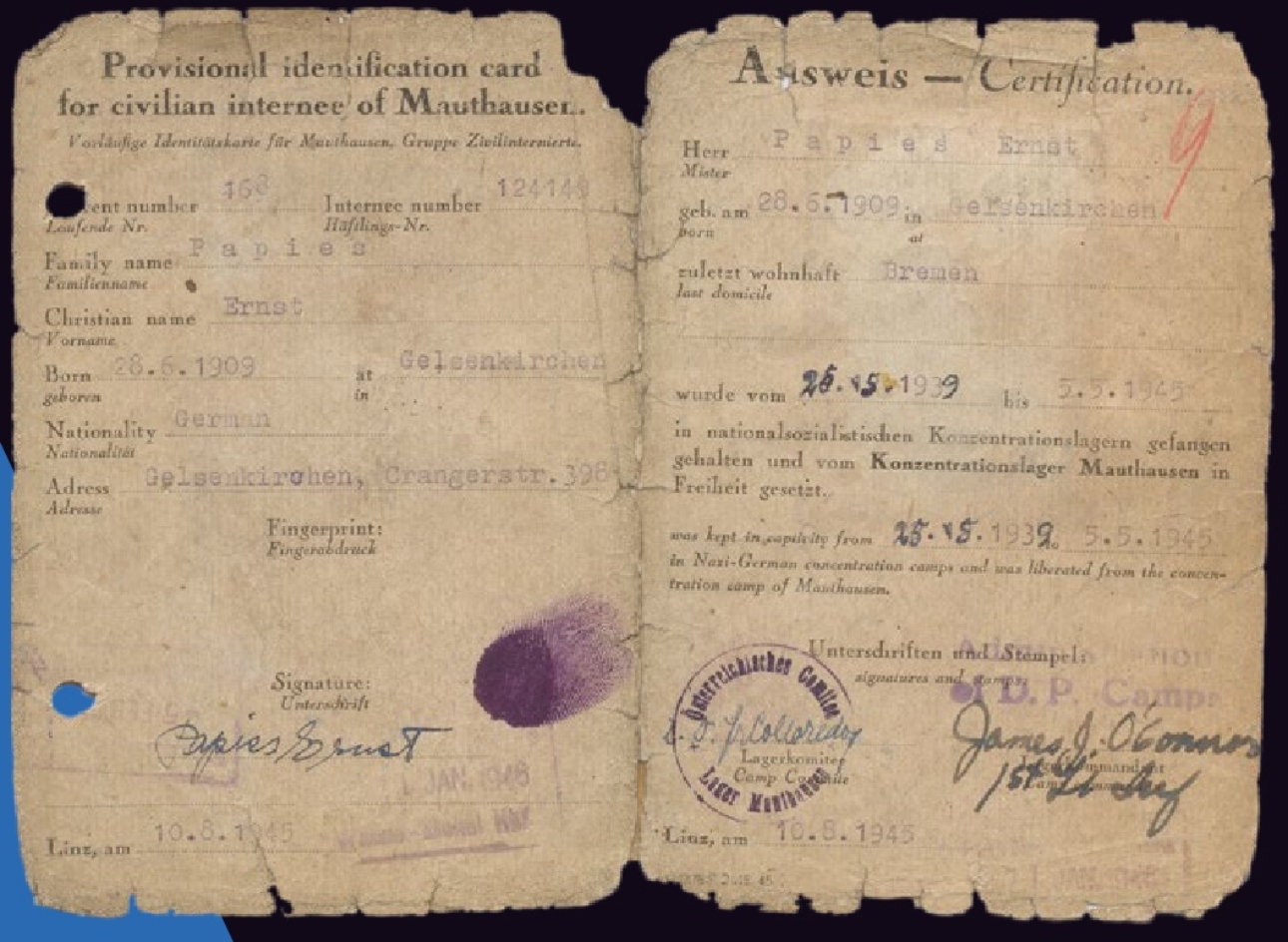 Entlassungsausweis aus dem befreiten KZ Mauthausen für Ernst Papies, 10. August 1945