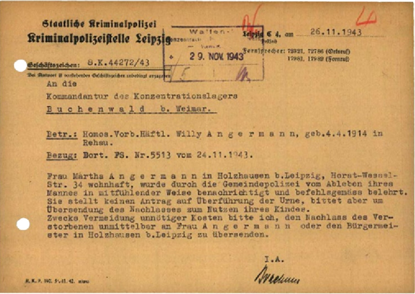 Schreiben der Kriminalpolizeistelle Leipzig an die Kommandantur des KZ Buchenwald