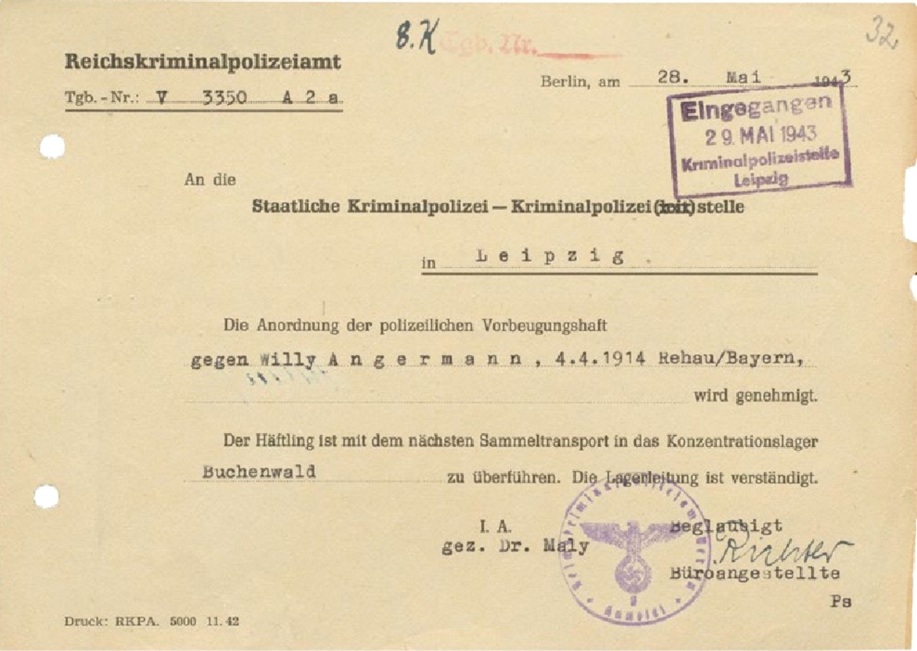 Schreiben des Reichskriminalpolizeiamtes an die Kriminalpolizei Leipzig