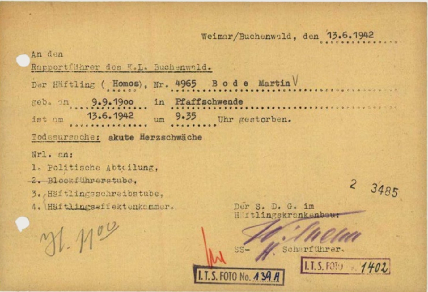 Todesmeldung Martin Bode aus dem Häftlingskrankenbau des KZ Buchenwald, 13. Juni 1942