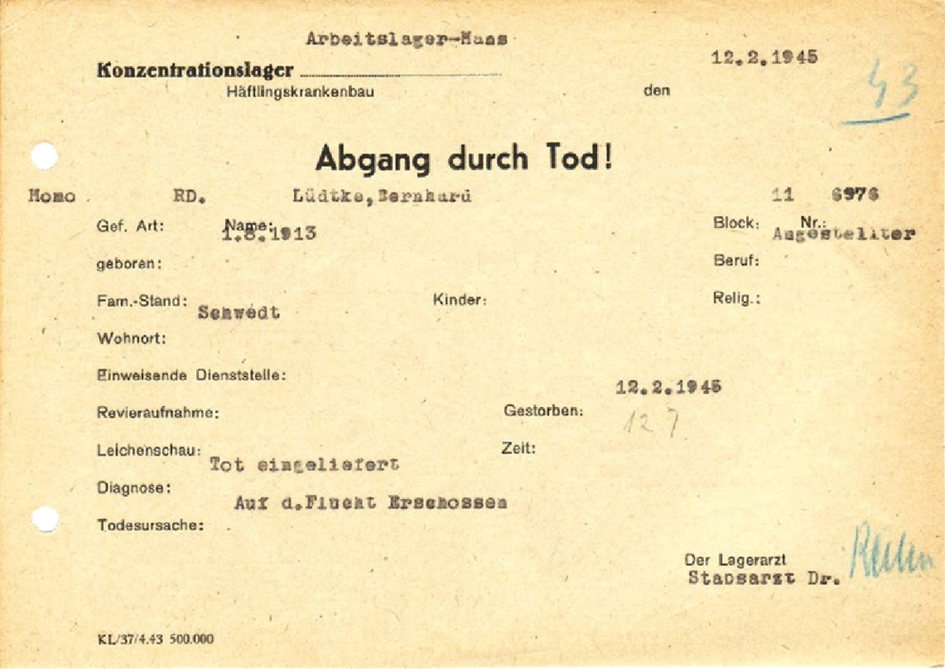 Totenschein für Bernhard Lüdtke 12. Februar 1945