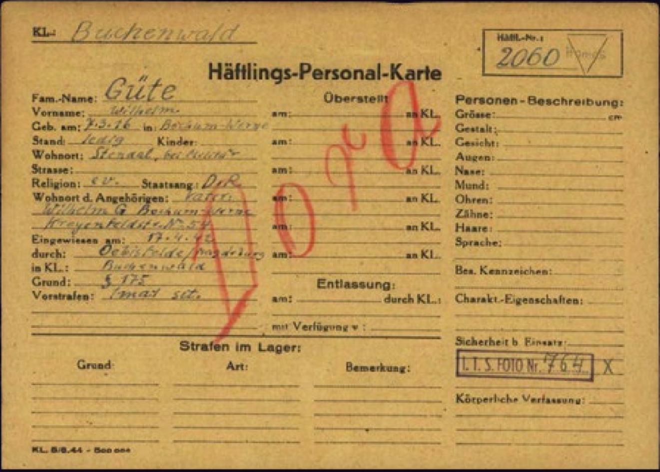 Häftlingspersonalkarte des KZ Buchenwald von Wilhelm Güte
