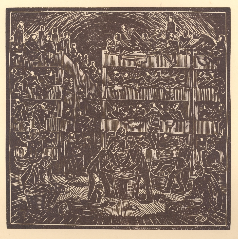 The woodcut shows the cramming of the prisoners on the cots, the narrowness and crowdedness in the tunnels. The people are drawn as silhouettes, without individual features; often only white dots mark their heads, the faces are not recognizable. From this quasi amorphous mass, individual situations are singled out by way of example: someone is defecating over a barrel, a dead man is lying in front of it, a man is scraping out a food bucket, another is eating on the floor.