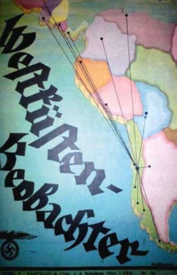 Titelblattgestaltung „Westküsten-Beobachter“. schwarzer Schriftzug neben bunter Südamerika-Karte.