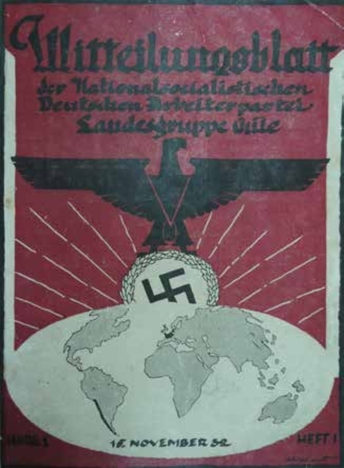 Titelblatt: schwarzer Reichadler mit Hakenkreuz über der Weltkugel vor rotem Hintergrund