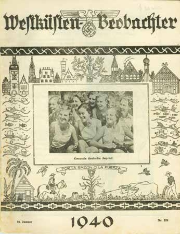 Titelblatt: idyllische Illustrationen von Stadt, Land und Meer, in der Mitte Foto von der "gesunden deutschen Jugend"