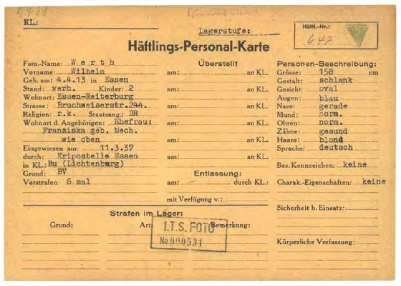 Scan der Häftlingspersonalkarte von Willy Werth