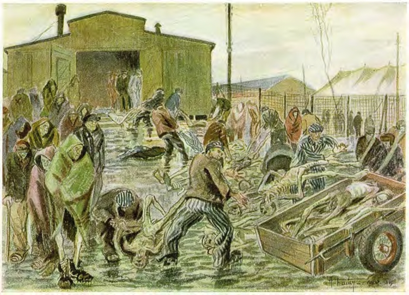 Gemälde von Auguste Favier: Leichen vor dem Kleinen Lager, die von anderen Häftlingen eingesammelt und auf einen Karren gestapelt werden