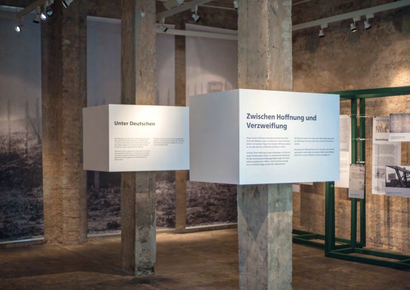 Ausstellungsansicht: Infokästen an Holzbalken