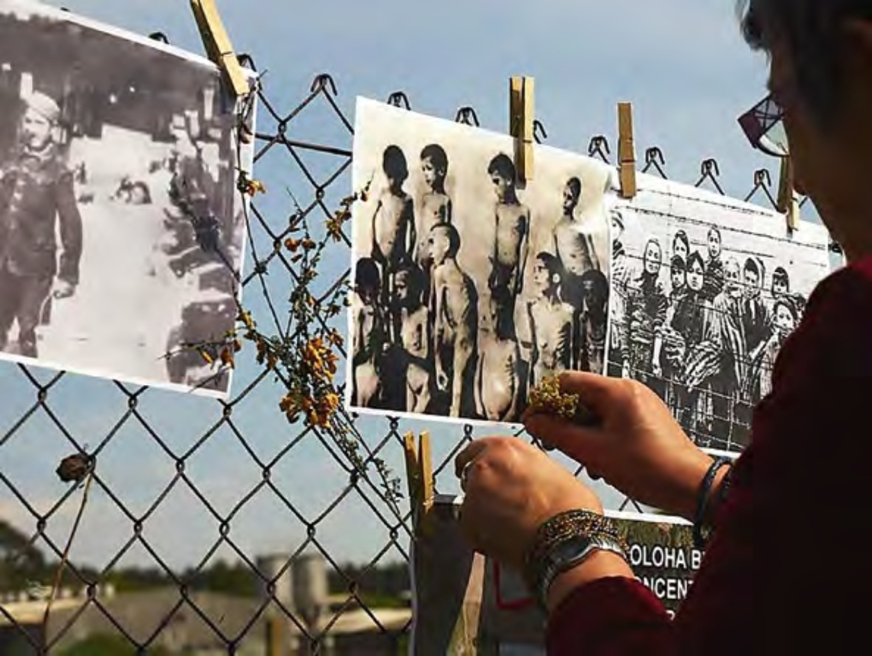 Eine Person steckt Blumen neben Fotos von Häftlingen an den Zaun in Lety