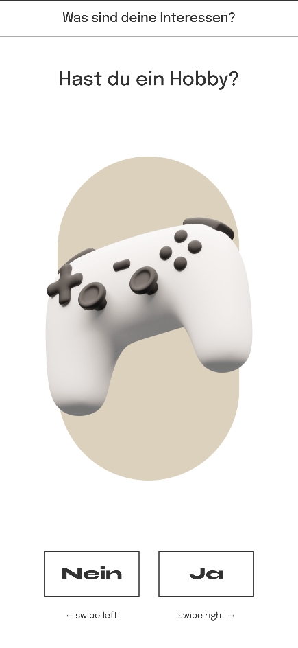 App-Ansicht: Quiz am Anfang der WebApp (Interessenerfassung der User:innen) mit dem Bild eines Gaming-Controllers
