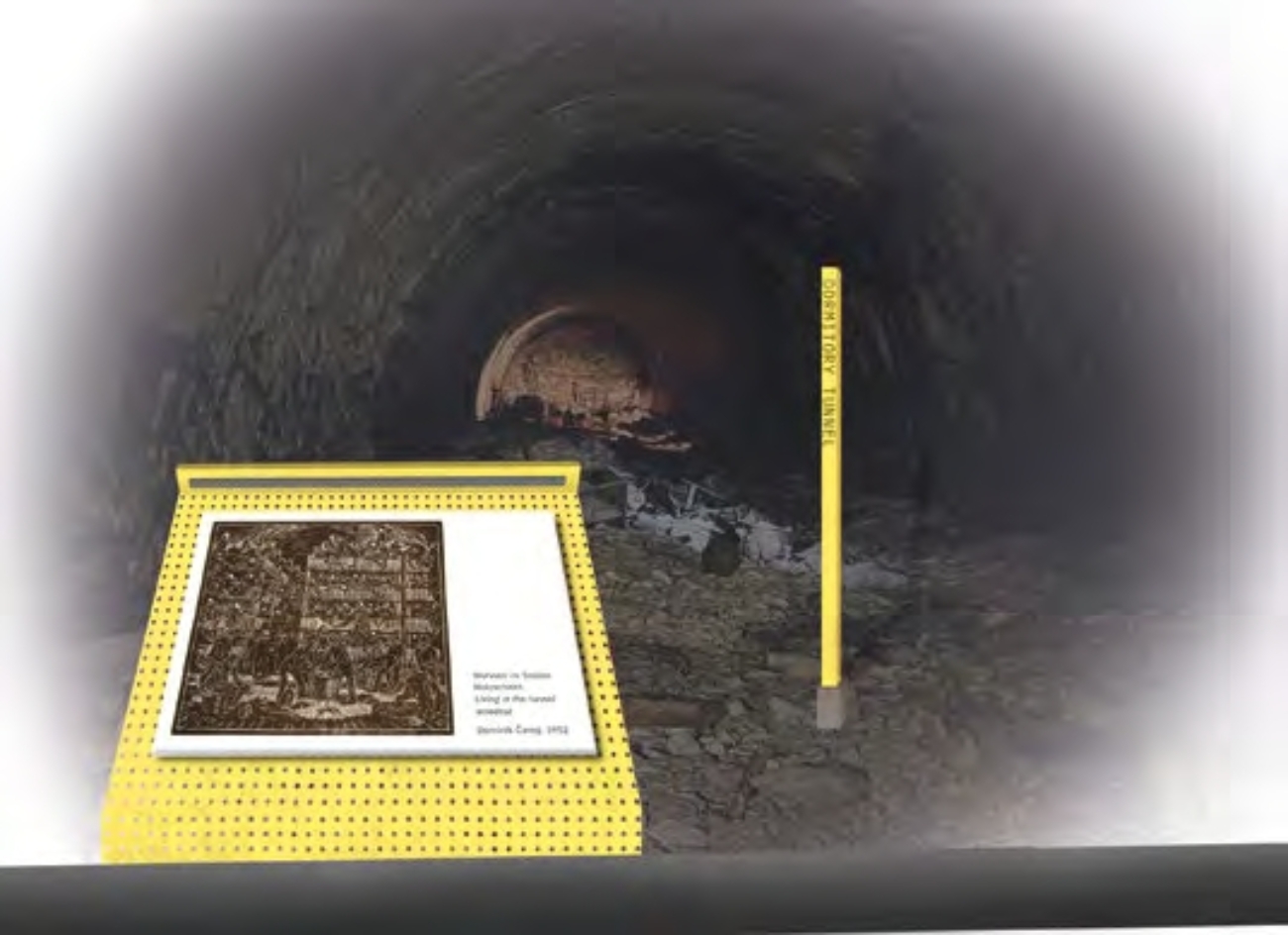 Entwurf: künftiger Blick in Stollenkammer 6 mit dem Holzschnitt von Dominik Černý am Eingang