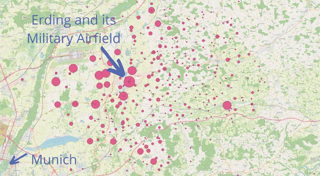 Karte mit der räumlichen Verteilung (rot markiert) der Zwangsarbeiter:innen im Landkreis Erding