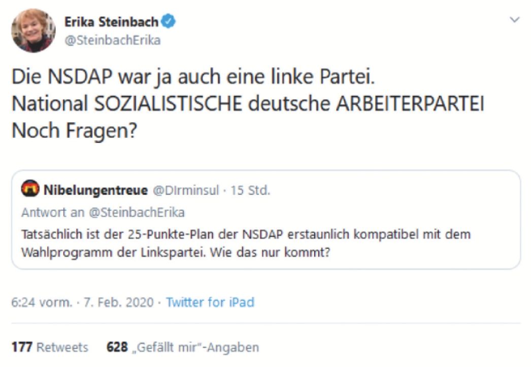 Screenshot eines Tweets von Erika Steinbach, der die NSDAP als linke Partei proklamiert