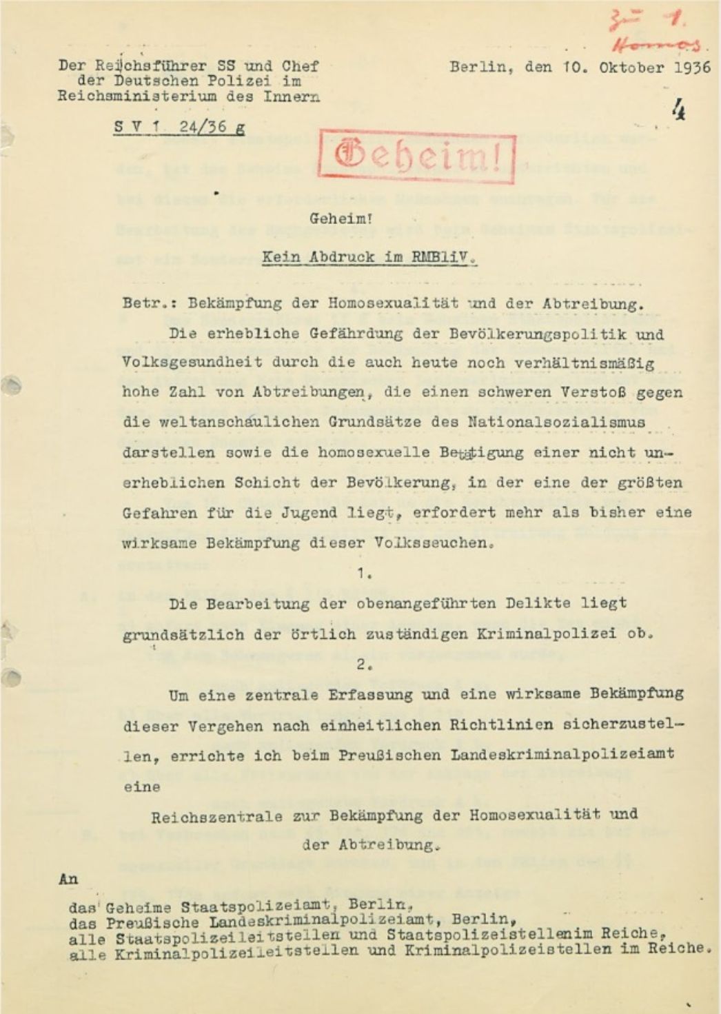 Geheimerlass von Himmler - 10. Oktober 1936