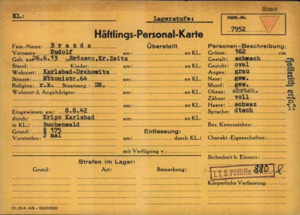 Häftlingspersonalkarte des KZ Buchenwald für Rudolf Brazda, 8. August 1942
