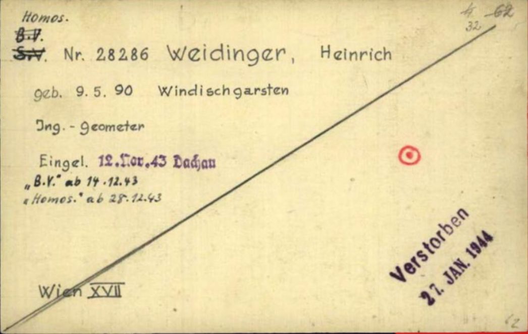Karteikarte für Heinrich Weidinger aus dem KZ Buchenwald, 1943/44