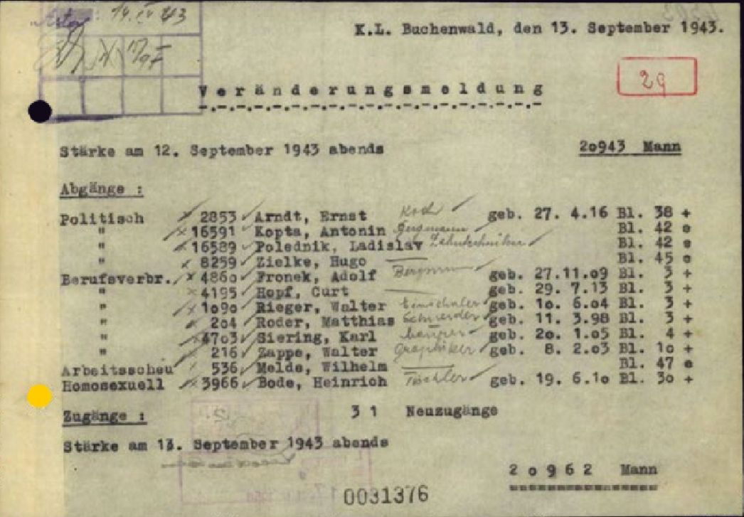 Veränderungsmeldung des KZ Buchenwald, 13. September 1943