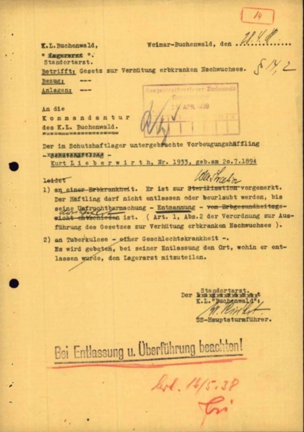 Vermerk des Lagerarztes des KZ Buchenwald über Lieberwirt