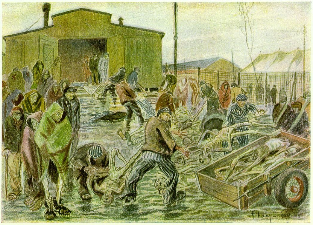 Eine farbige Zeichnung. Vor einer Kaserne mit Pferdestall laden Häftlinge nackte Leichen auf Schubkarren. Weitere Häftlinge schauen zu. 