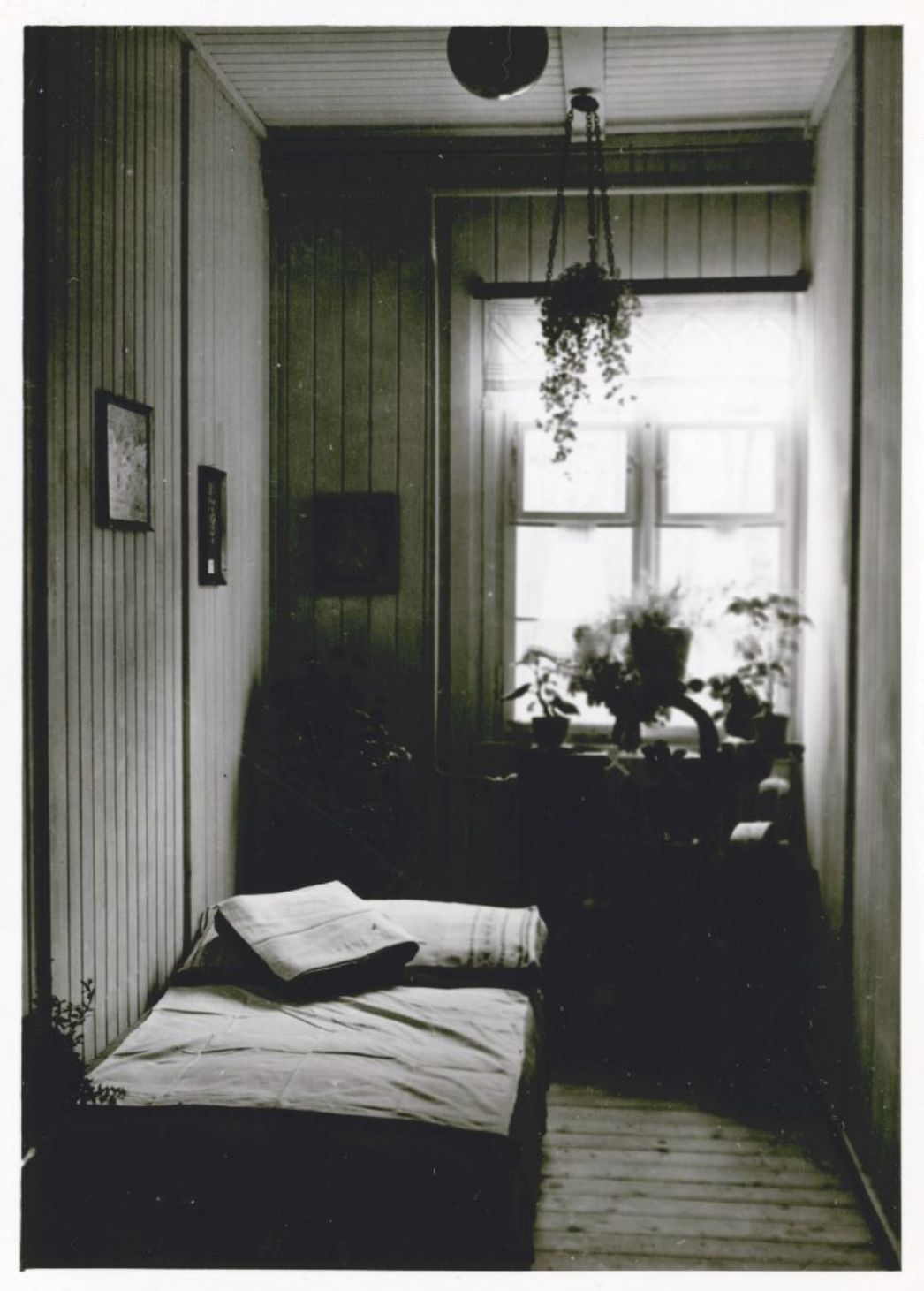 View into one of the sleeping rooms of the camp shelf. On the left is a padded sleeping cot. Small pictures hang on the wall. In the back you can see a window with a plant arrangement in front of it. Above the window is a hanging plant in a pot that is attached to the ceiling.View into one of the sleeping rooms of the camp shelf. On the left is a padded sleeping cot. Small pictures hang on the wall. In the back you can see a window with a plant arrangement in front of it. Above the window is a hanging plant in a pot that is attached to the ceiling.
