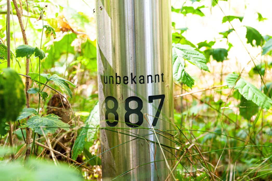 Eine stählerne Stele mit der Aufschrift "Unbekannt" sowie der Zahl 887, umgeben von Pflanzen.
