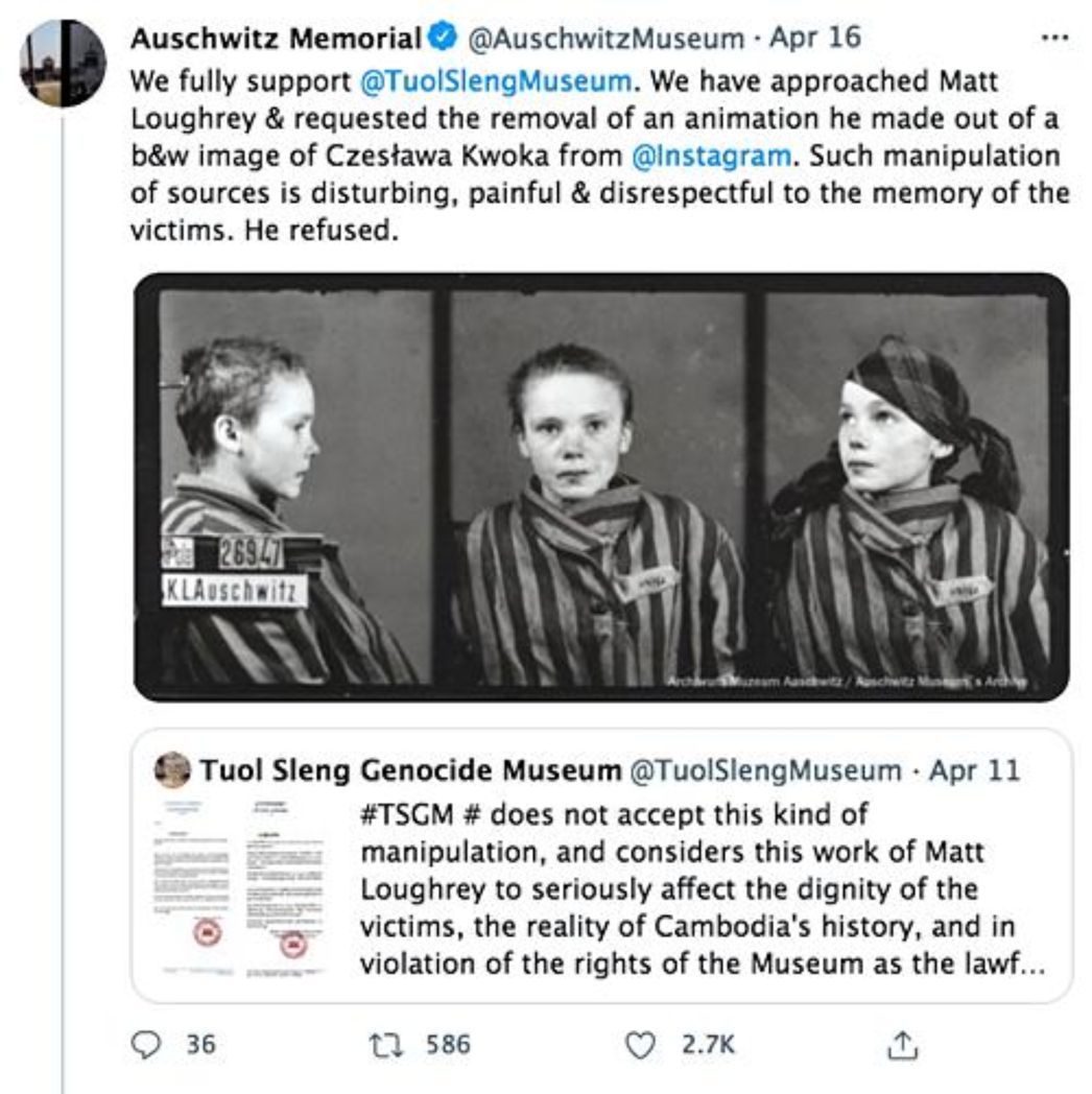 Tweet der Gedenkstätte Auschwitz: Mat Loughrey lehnte ab, seine Animation eines Fotos von einem Häftling von seinen Social Media zu entfernen
