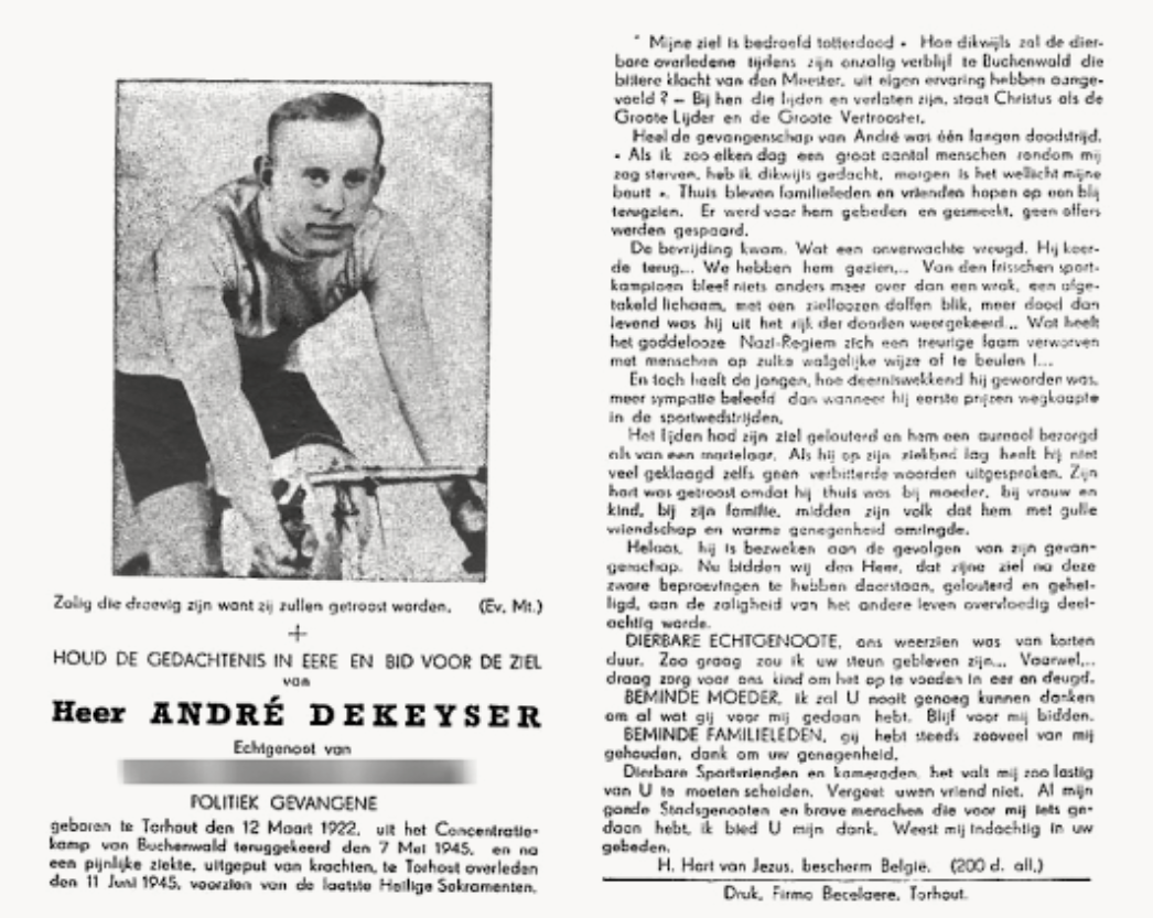 Totenzettel für André Dekeyser mit einem Bild von ihm links und dem Nachruf rechts