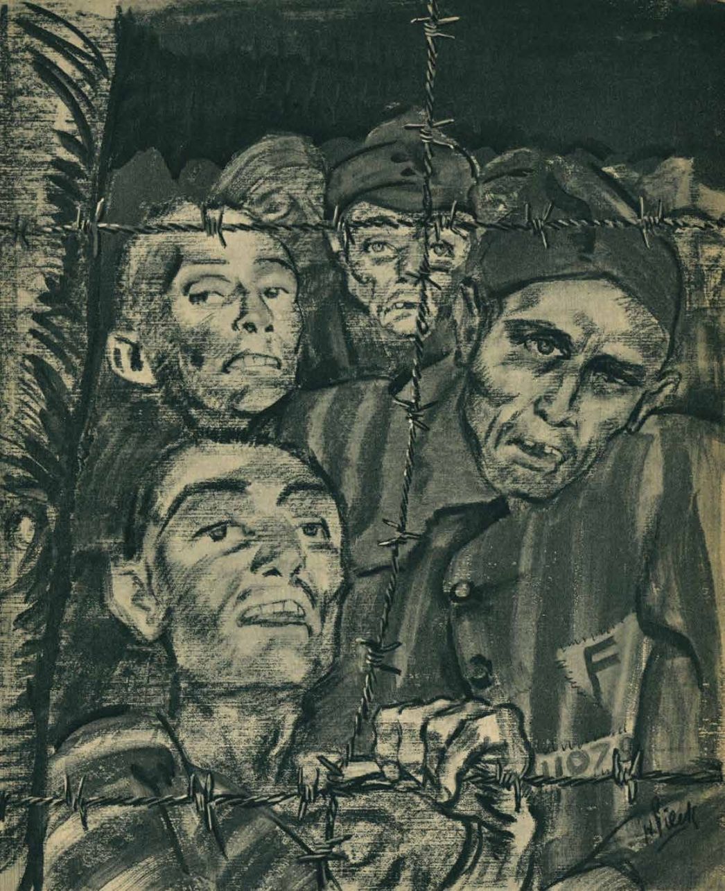 Zeichnung von KZ-Häftlingen hinter einem Stacheldraht