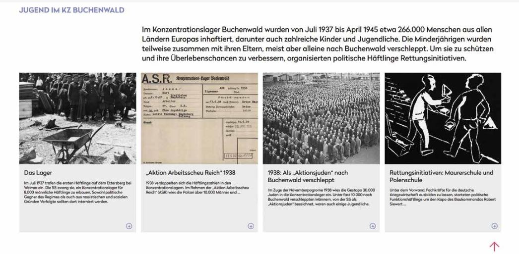 Screenshot der Titelseite im Kapitel „Jugend im KZ Buchenwald“ mit Unterthemen