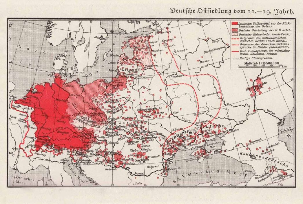 Karte von Osteuropa mit den (angeblichen) ehemaligen deutschen Ostsiedlungen rot markiert