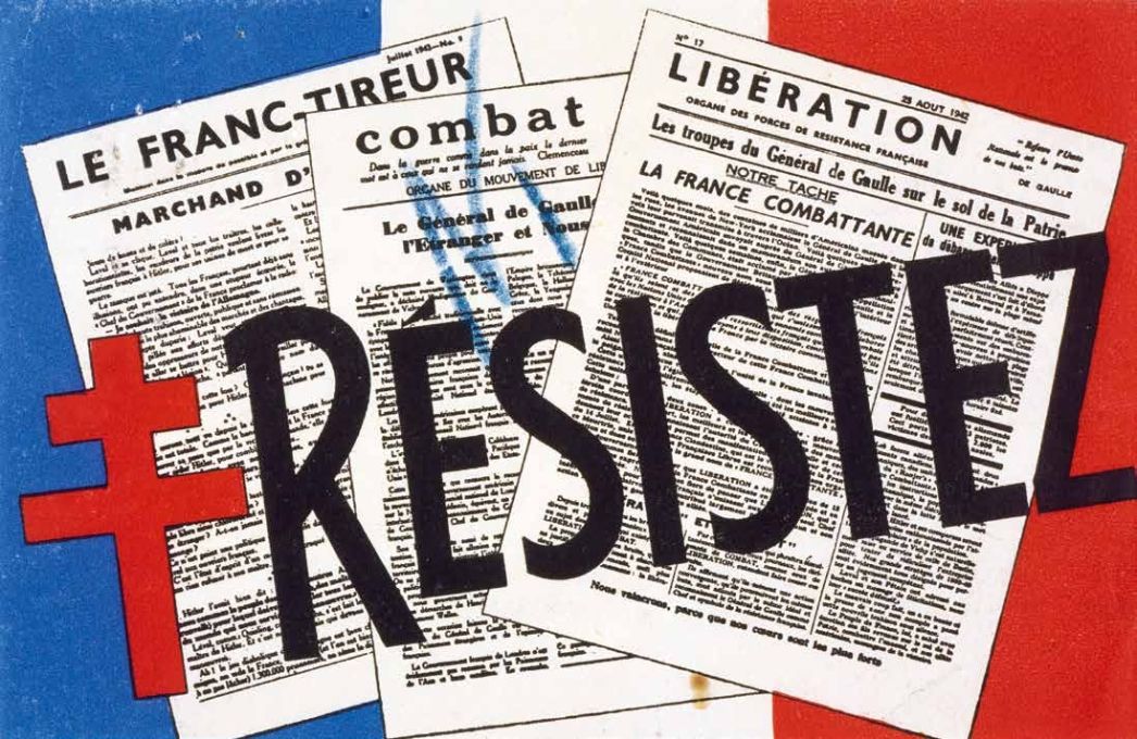 Flugblatt der französischen Résistance mit Lothringer Kreuz - hinter dem Schriftzug sind drei Flugblätter auf einem Hintergrund in den Farben der französischen Fahne abgebildet.