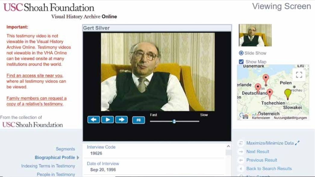 Ansicht der USC SHoah Foundation Website mit einem Videointerview mit Gert Silver
