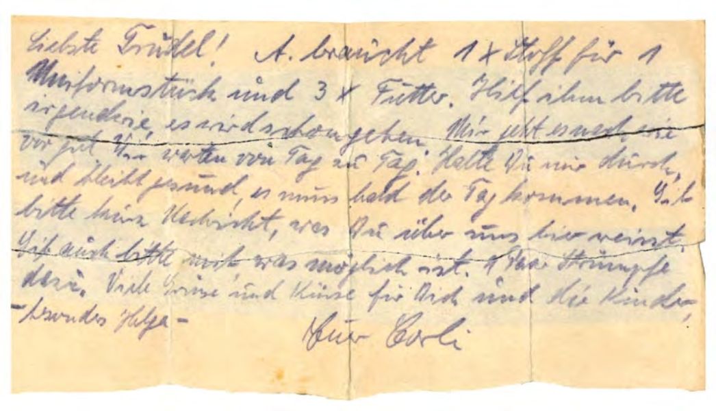 Handschriftliche Nachricht des Insassen Karl Naubert, die dieser aus dem Lager schmuggeln konnte. Auch der Name Alexanders Agafonows taucht darin auf.