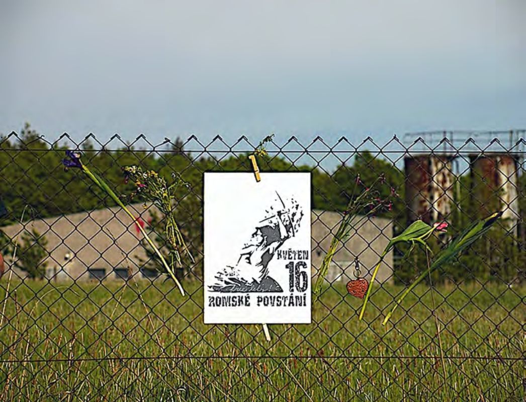 Protest-Plakat an Zaun vor Schweinemast in Lety