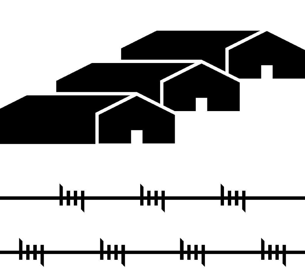 Beispiel-Piktogramm: Schwarze Icons auf weißem Hintrergrund: Baracken und Stacheldrahtzaun