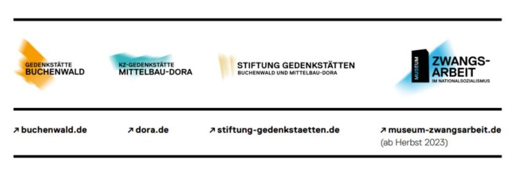 Header der verschiedenen Websites: Gedenkstätte Buchenwald, Gedenkstätte Mittelbau-Dora, Stiftung, Museum Zwangsarbeit