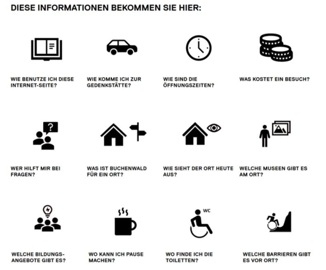 Ansicht Website in leichter Sprache: verschiedene Icons für verschiedene Auswahlmöglichkeiten