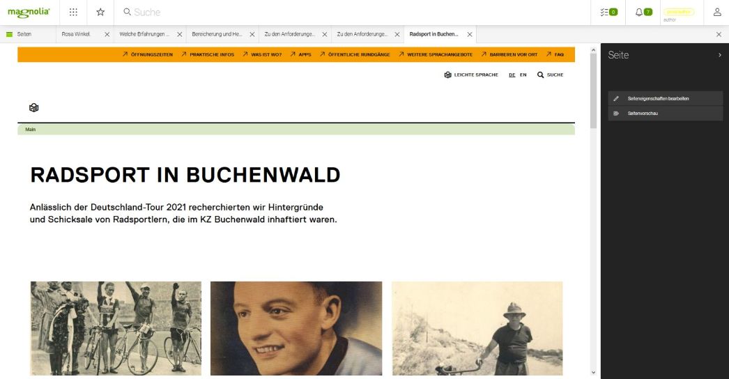 Ansicht: Bearbeitung der Website im CMS-System "Magnolia"