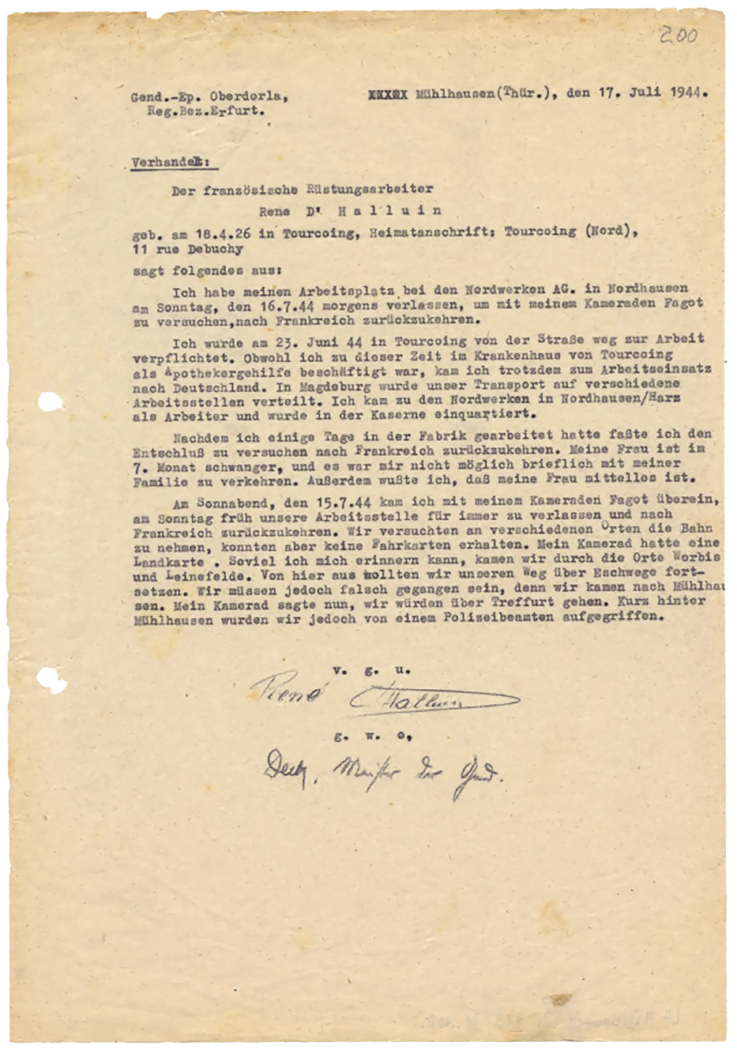 Vernehmungsprotokoll von René d`Halluin