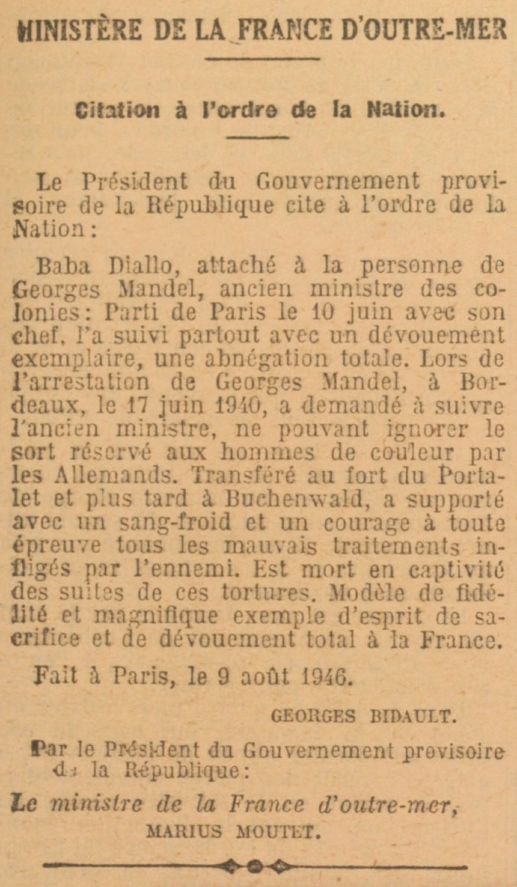 Dokument: Baba Diallos Citation à l‘ordre de la Nation.