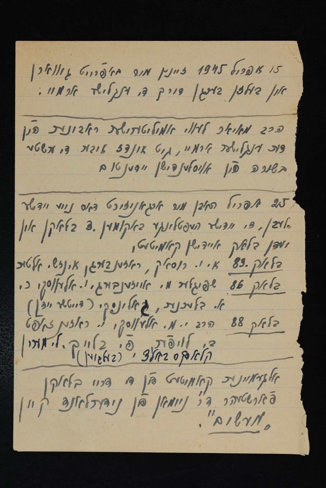 er Text wirkt wie ein Tagebuch- oder Erinnerungs-Eintrag und enthält ein konkretes Datum: 15. April 1945. Sinngemäß: 15. April 1945 Heute ist ein großer Tag. Wir sind frei. Die Engländer sind in das Lager eingedrungen. Die SS ist geflohen. Schon gestern hörten wir, dass sie sich zurückziehen würden, aber heute früh sahen wir die ersten englischen Soldaten. Viele von uns haben geweint vor Freude. Einige konnten es nicht glauben. Die Tore wurden geöffnet. Die Baracken sind leer. Manche von uns sind krank oder sehr schwach, aber wir leben. Wir haben so viele verloren – Brüder, Freunde, Eltern – aber wir sind noch hier. Ich werde diesen Tag nie vergessen. Der 15. April ist unser Tag der Befreiung.